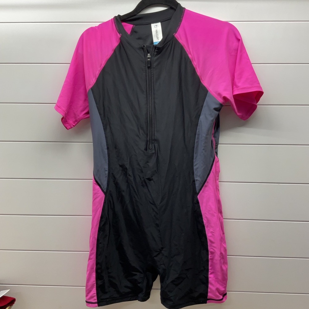 Halcurt Womens Short Sleeve One Piece Swimsuit Pink Black Zip Rash Guard Large